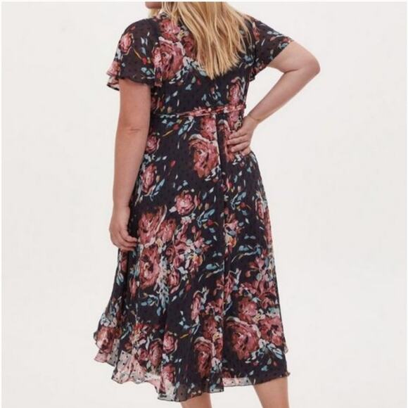 Torrid Faux Wrap Hi-Low Midi Dress Swiss Dot Floral Dark Gray and Pink L/12/0 - Picture 2 of 13
